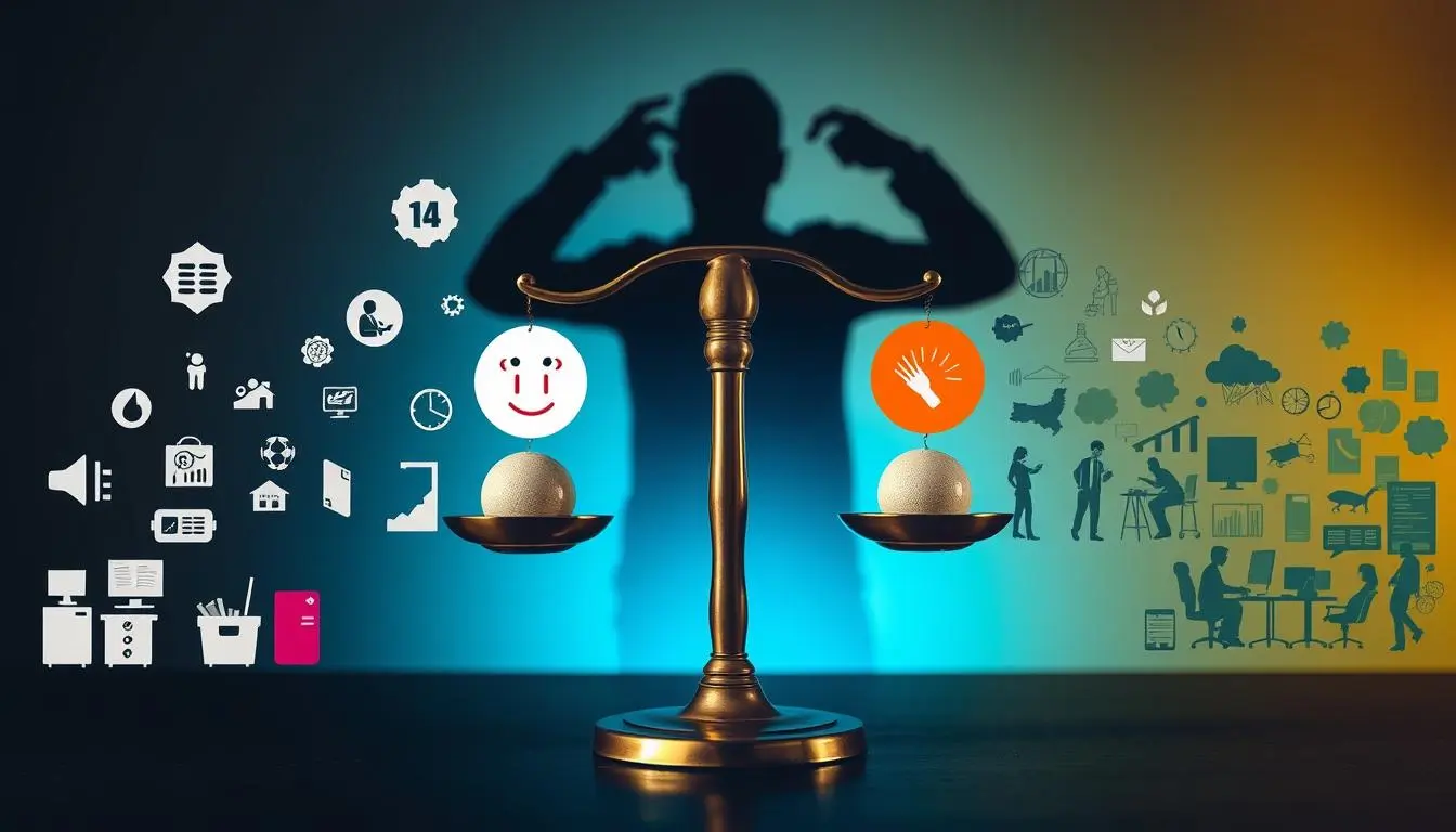 Silhouette of a person holding their head in stress, pondering how to prevent psychosocial hazards in the workplace. A balanced scale showing a happy face and a hand icon, representing harmony 
 psychosocial safety can bring.