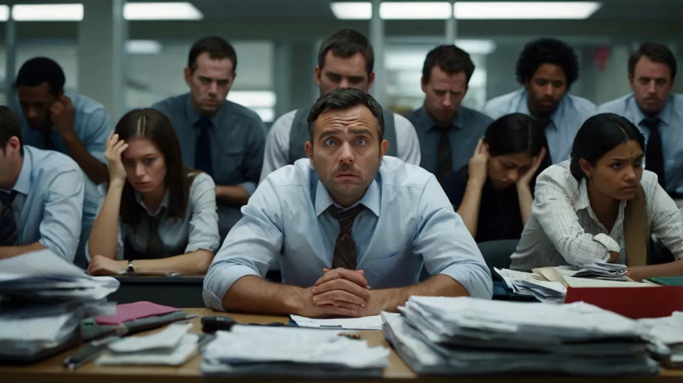 Exhausted employees grapple with psychosocial hazards, exhibiting clear signs of burnout and mental strain. On their desks, 'Code of Practice: Psychosocial Hazards in the Workplace' manuals serving the reminders of the urgent need for psychosocial safety awareness to manage psychosocial risks.