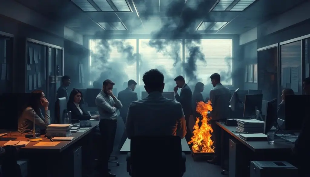 An office environment filled with dense smoke and a large fire burning near office desks, illustrating severe workplace hazards. Several employees are present amidst the dangerous conditions, emphasising the critical importance of office fire safety, emergency preparedness, and risk management in a corporate setting.