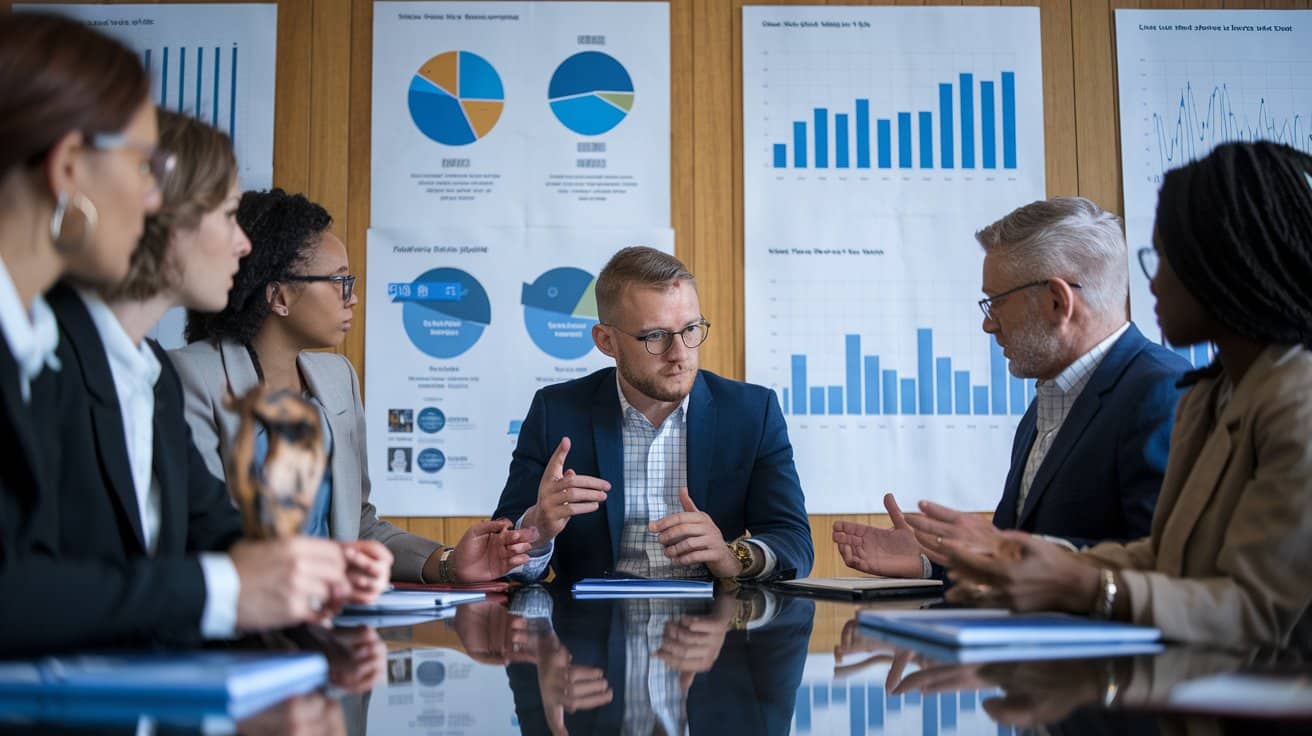 a boardroom meeting with professionals discussing the new regulations, charts and graphs on the walls, serious and focused expressions, emphasizing the importance of mental health in the workplace.