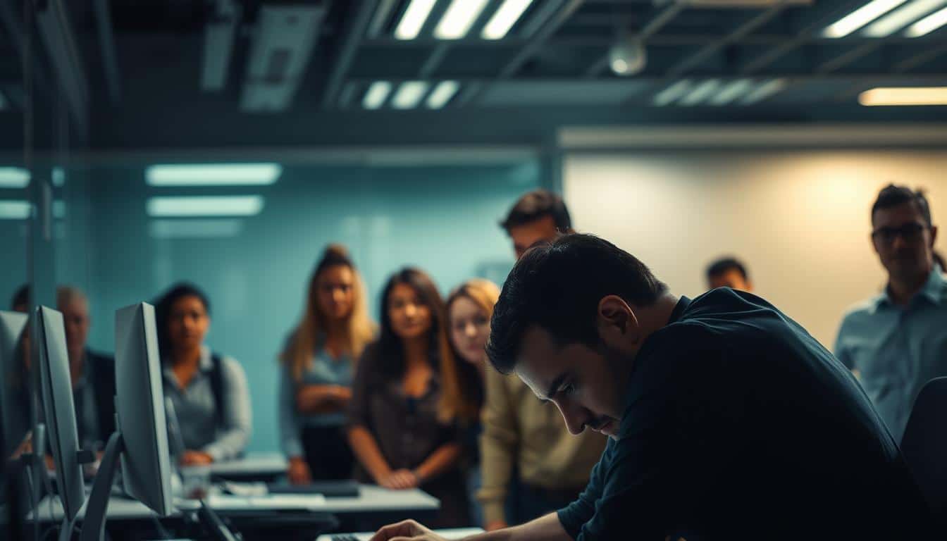 Diverse group of professionals observing male colleague with his head down looking unhappy.